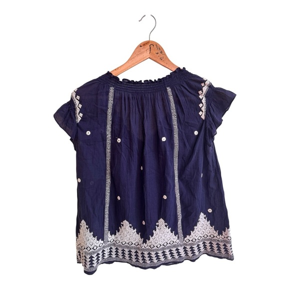 Joie Navy Blue Short Flutter Sleeve Embroidered Boho Womens Size S Peasant Top - Picture 2 of 14